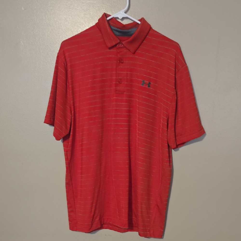 Under Armour Men’s Playoff Polo Tour Striped Shirt Red/Steel/Gray Size Large